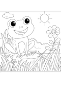 Happy Frog in the Garden Coloring Page for Kids | Free Printable. Black and white line art coloring page featuring a smiling cartoon frog sitting in grass beside a flower, with a sun and cloud in the sky.