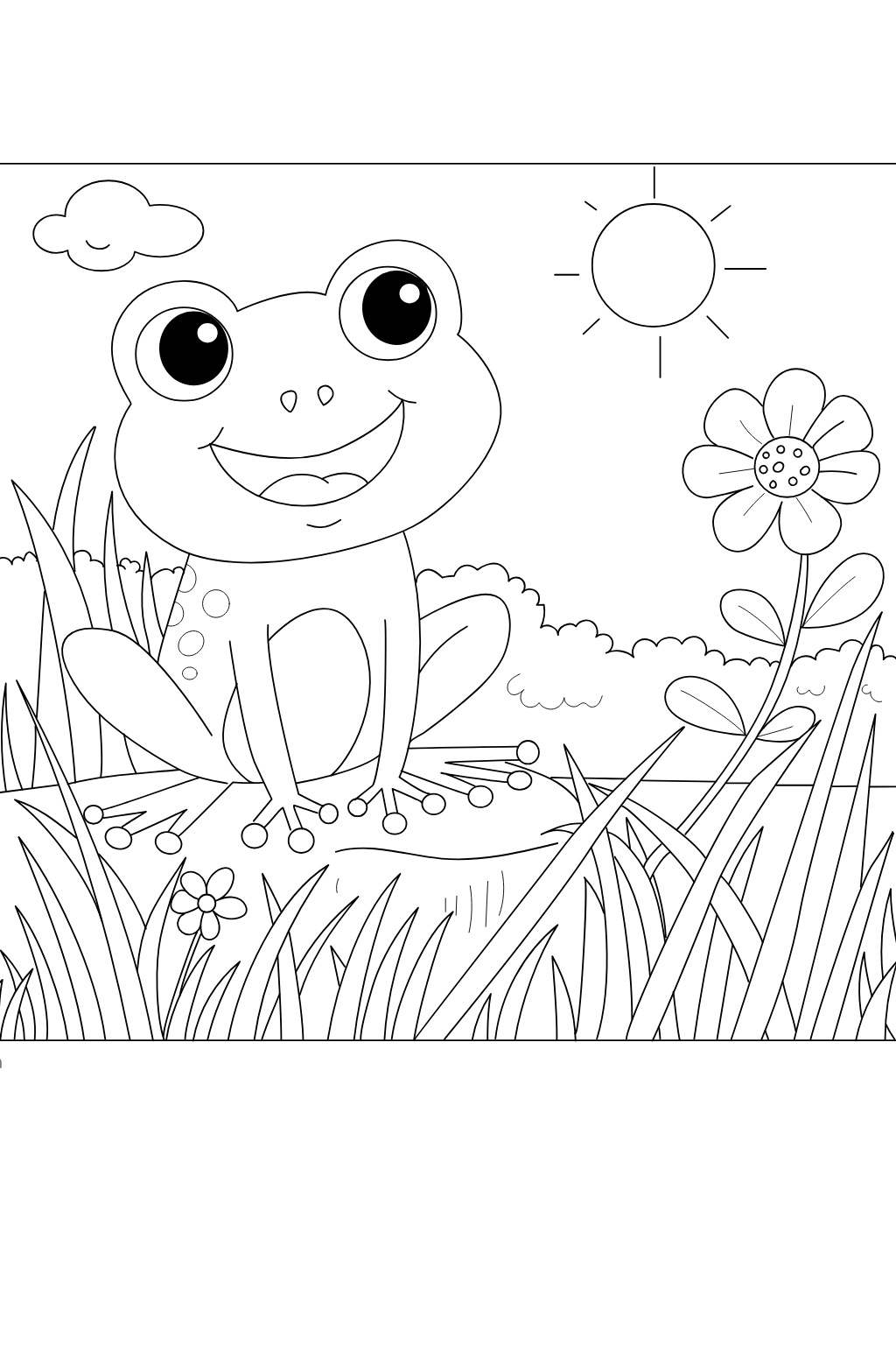 Happy Frog in the Garden Coloring Page for Kids | Free Printable. Black and white line art coloring page featuring a smiling cartoon frog sitting in grass beside a flower, with a sun and cloud in the sky.