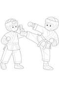 Kids Karate Martial Arts Coloring Page | Free Printable. Black and white line art illustration of two children in martial arts uniforms, one standing and the other kicking, on a plain white background.