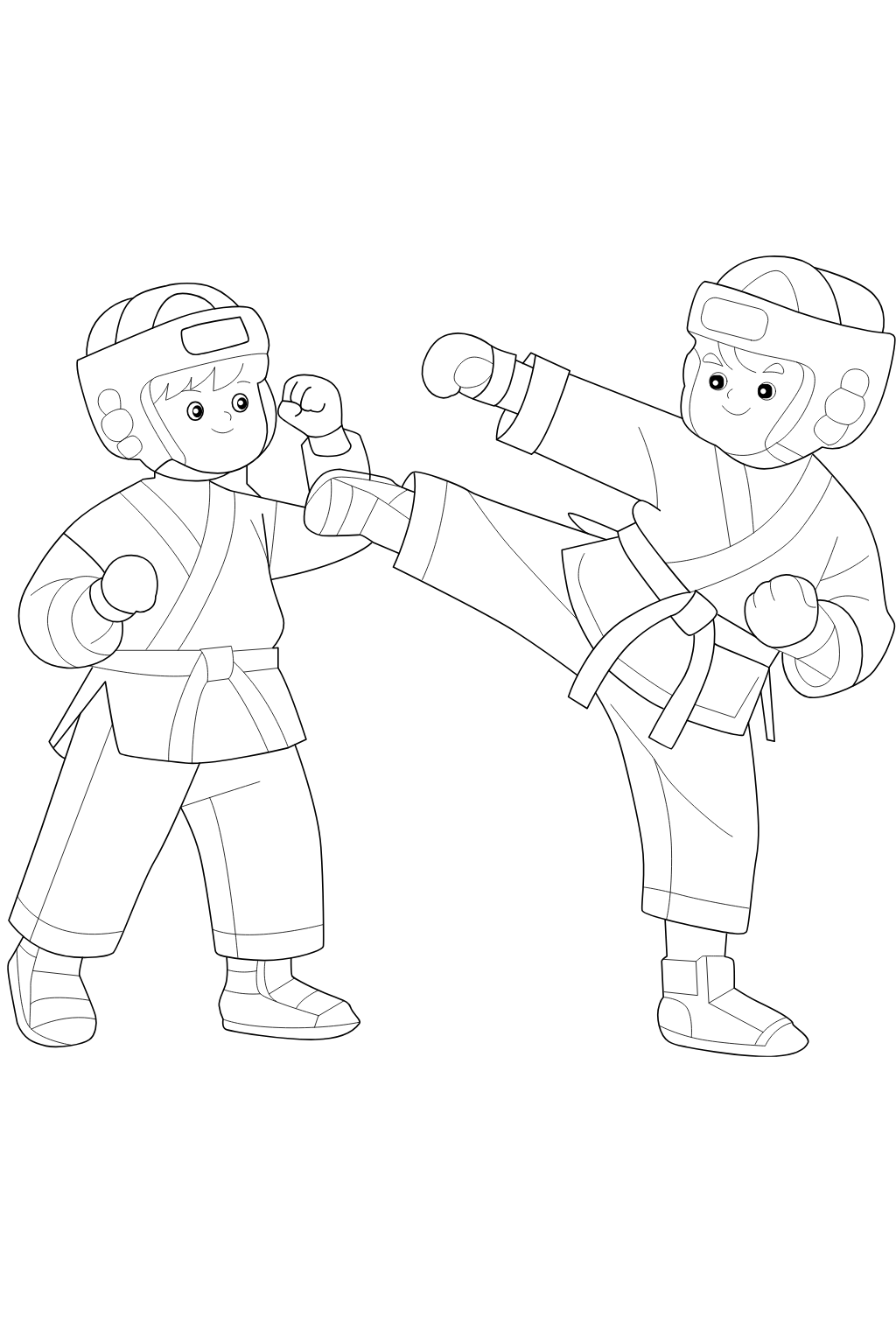 Kids Karate Martial Arts Coloring Page | Free Printable. Black and white line art illustration of two children in martial arts uniforms, one standing and the other kicking, on a plain white background.