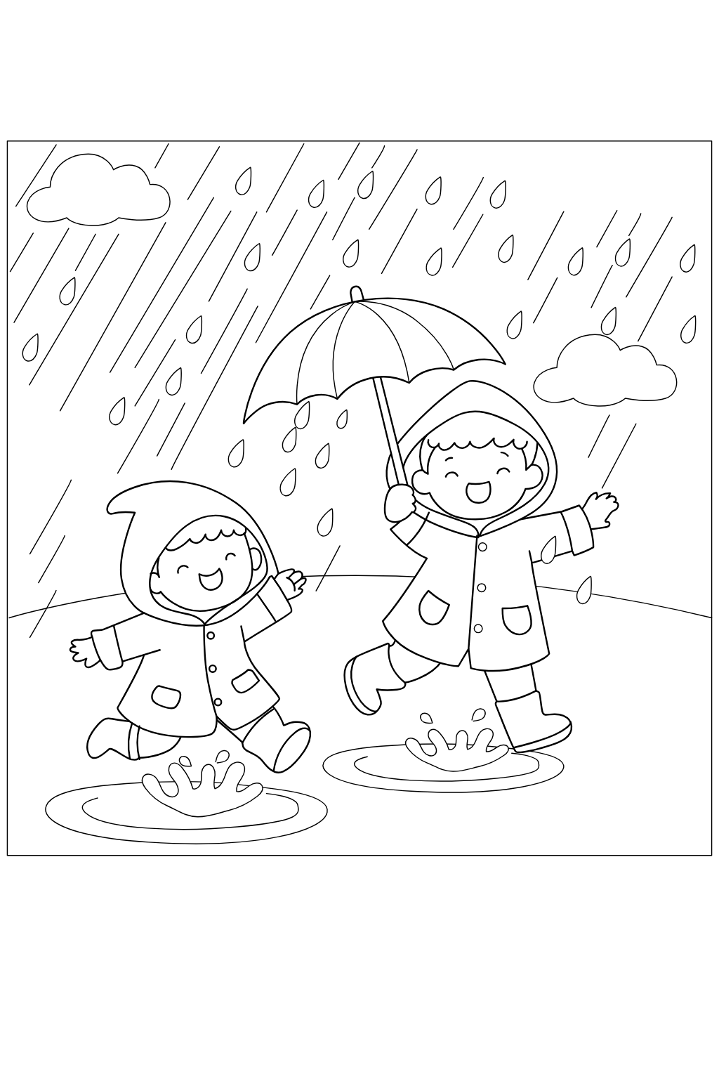 Kids Playing in the Rain Coloring Page | Free Printable. Black and white line art illustration of two children in raincoats playing in the rain with an umbrella, suitable for coloring or printing.