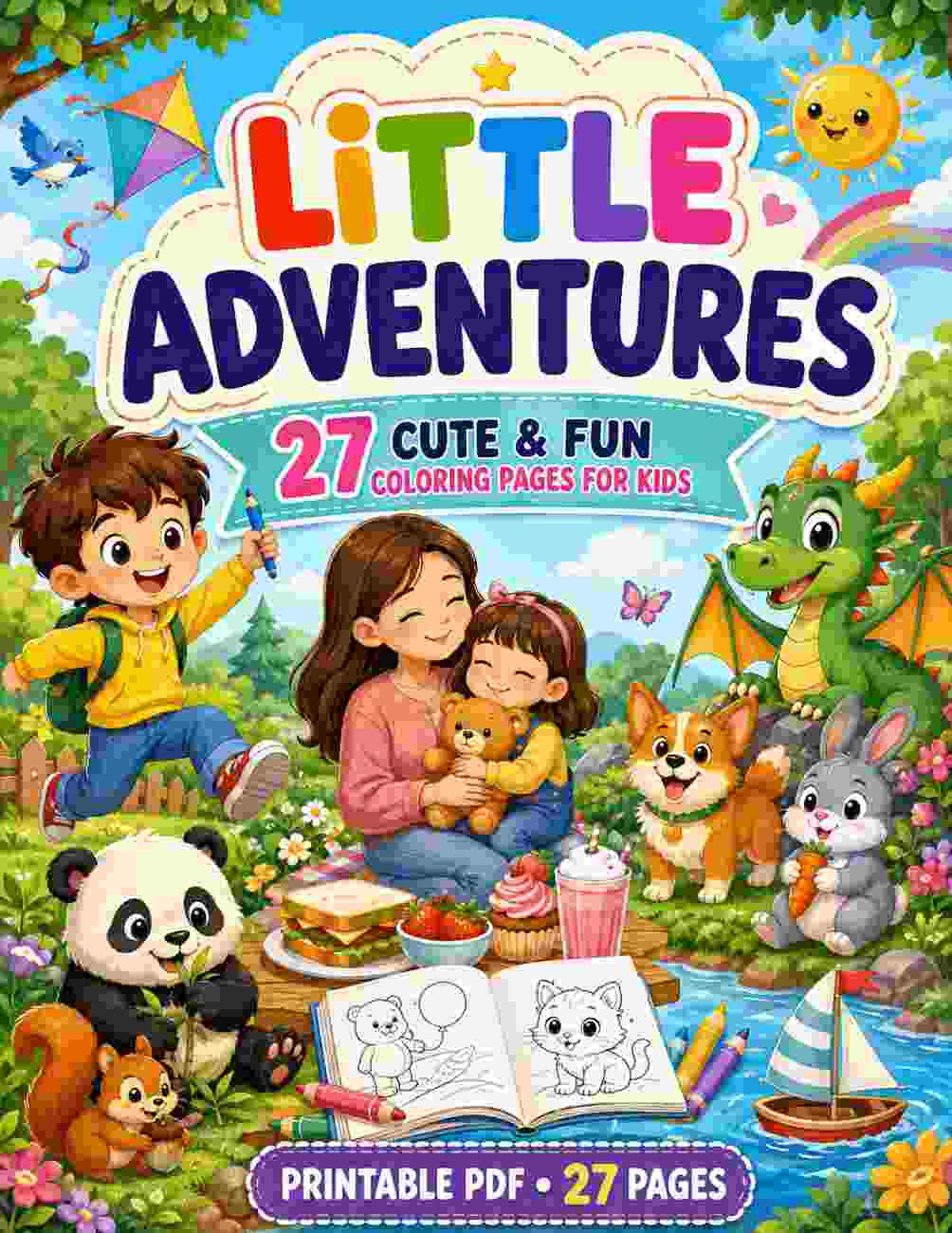 Colorful cover art for a children's printable coloring book titled "Little Adventures," showing cartoon children, pets, animals, a dragon, rainbow, sun, and the text "27 Cute & Fun Coloring Pages for Kids" plus "Printable PDF • 27 Pages.".