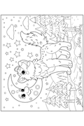 Black and white line art coloring page featuring a cute cartoon wolf lying on a crescent moon under stars, with pine trees and a winding path in the background.