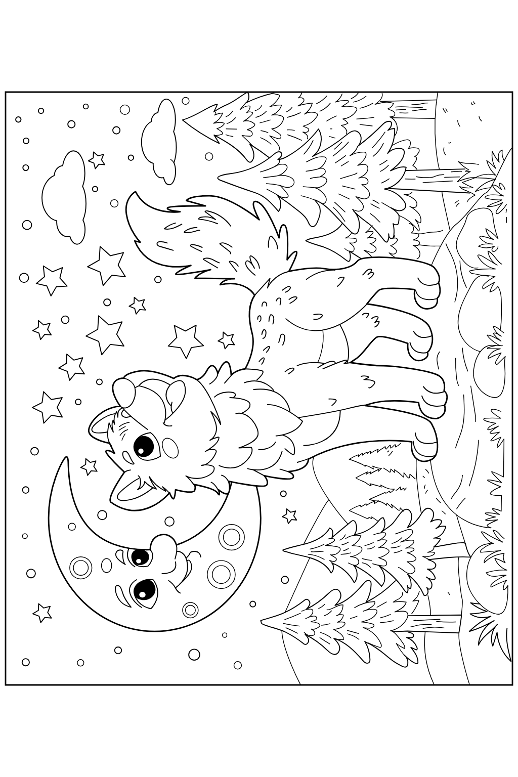 Black and white line art coloring page featuring a cute cartoon wolf lying on a crescent moon under stars, with pine trees and a winding path in the background.