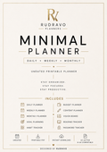 Rudravo Minimal Planner printable cover design with a cream background, black typography, and thin gold line accents. The cover lists included items such as a daily planner, weekly planner, monthly planner, budget planner, content planner, vision board, reading tracker, and password tracker.