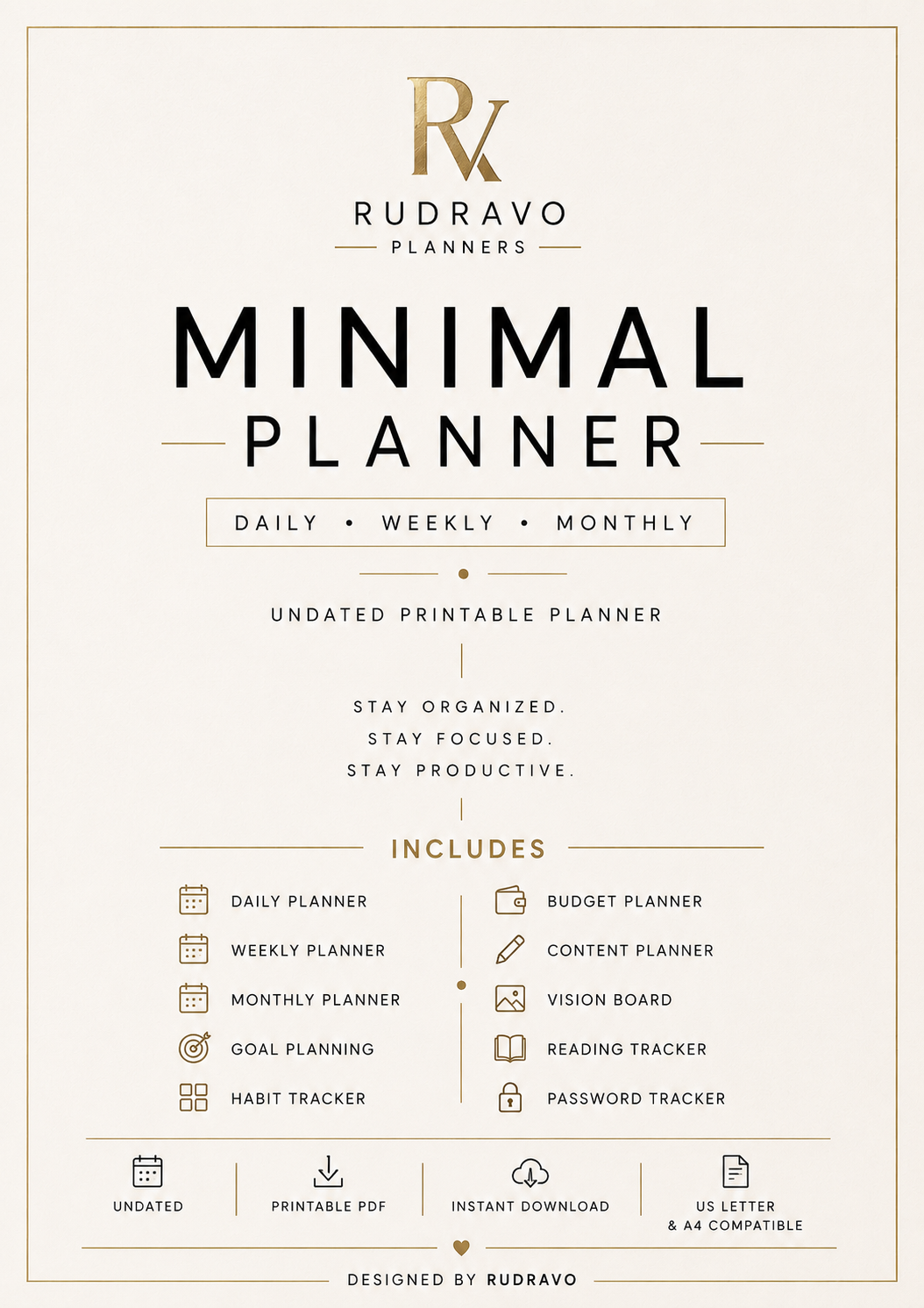 Rudravo Minimal Planner printable cover design with a cream background, black typography, and thin gold line accents. The cover lists included items such as a daily planner, weekly planner, monthly planner, budget planner, content planner, vision board, reading tracker, and password tracker.