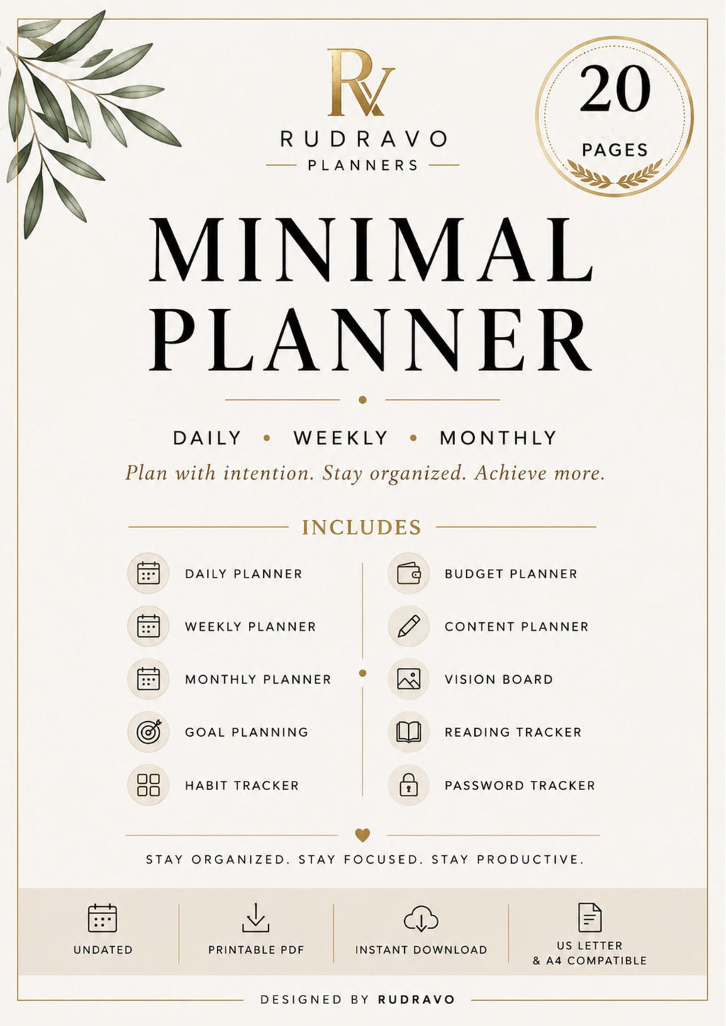 Rudravo Planners Minimal Planner cover design with a cream background, black serif title text, gold decorative leaf corner, gold '20 Pages' badge, and a list of included planner components such as daily planner, budget planner, content planner, vision board, reading tracker, habit tracker, and password tracker.