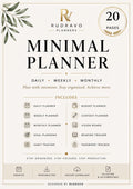 Rudravo Planners Minimal Planner cover design with a cream background, black serif title text, gold decorative leaf corner, gold '20 Pages' badge, and a list of included planner components such as daily planner, budget planner, content planner, vision board, reading tracker, habit tracker, and password tracker.