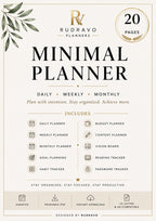 Rudravo Planners Minimal Planner cover design with a cream background, black serif title text, gold decorative leaf corner, gold '20 Pages' badge, and a list of included planner components such as daily planner, budget planner, content planner, vision board, reading tracker, habit tracker, and password tracker.