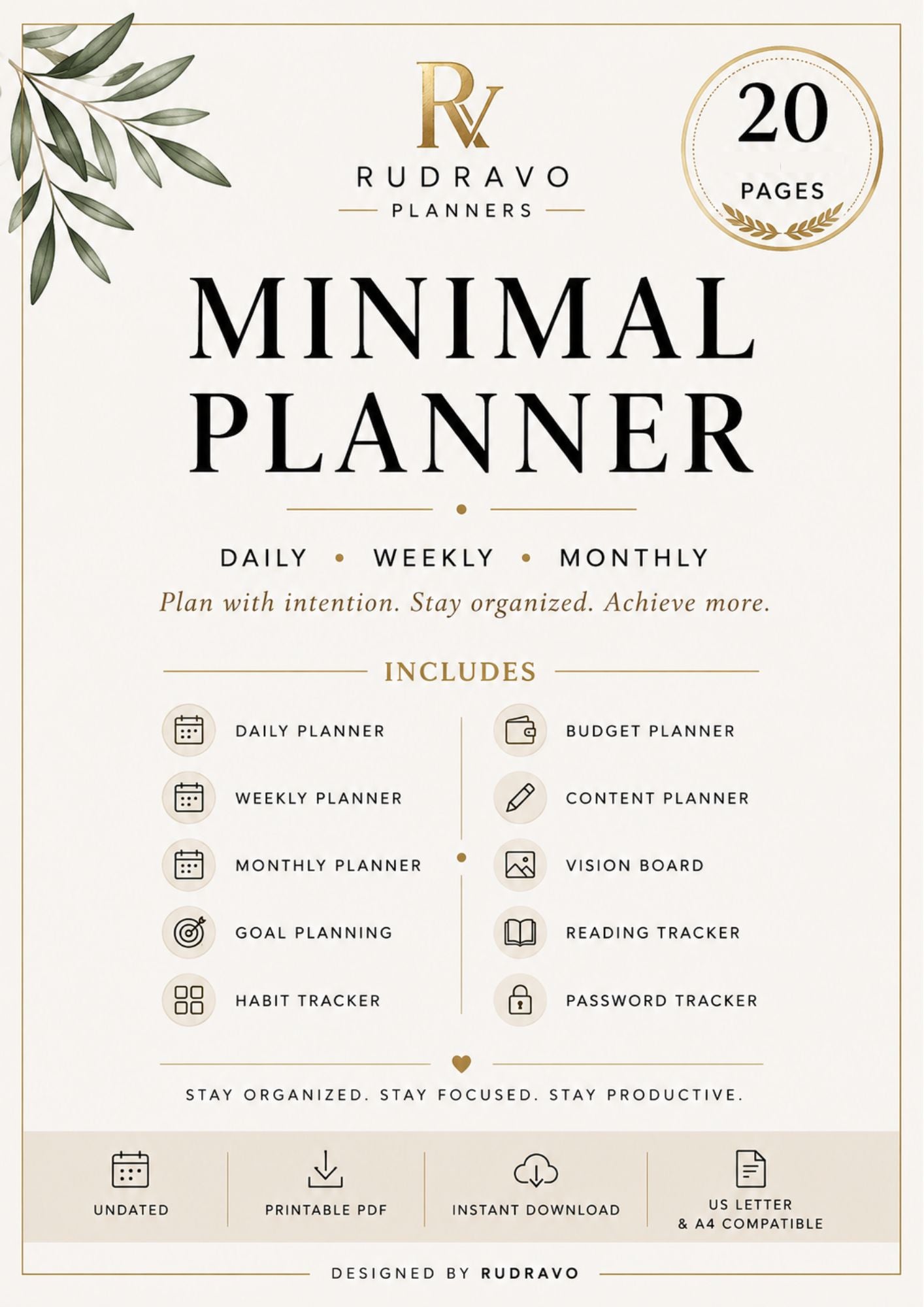 Rudravo Planners Minimal Planner cover design with a cream background, black serif title text, gold decorative leaf corner, gold '20 Pages' badge, and a list of included planner components such as daily planner, budget planner, content planner, vision board, reading tracker, habit tracker, and password tracker.
