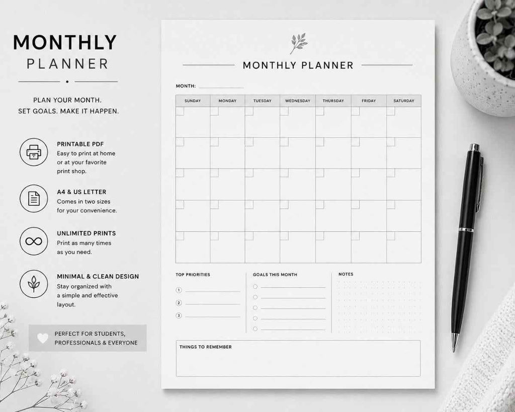 Minimal Monthly Planner Printable PDF | Undated Monthly Planning Sheet
