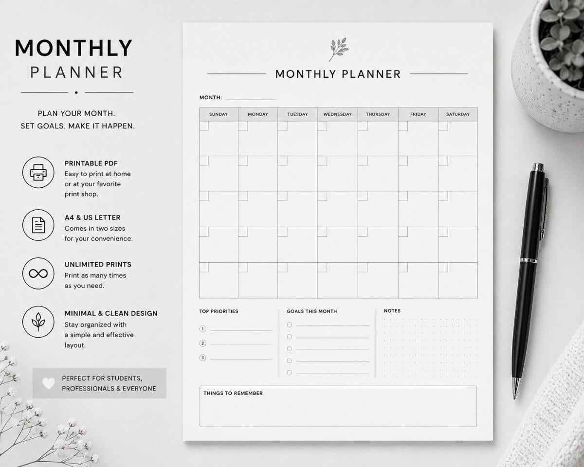 Minimal Monthly Planner Printable PDF | Undated Monthly Planning Sheet
