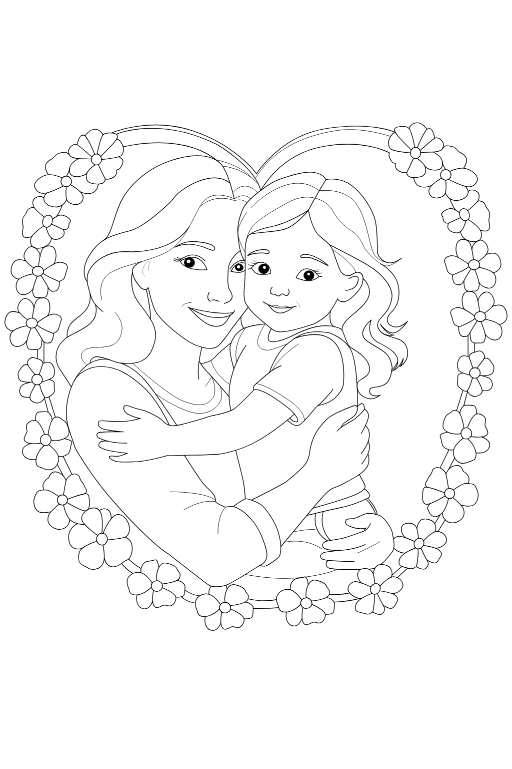 Celebrate the special bond between mother and daughter with this beautiful coloring page. A free printable family activity kids will love. Black and white line art illustration of a mother and daughter embracing, framed by a heart-shaped floral border on a plain white background.