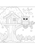 Black and white line art coloring page featuring an owl perched on a tree branch next to a treehouse, with stars, clouds, a crescent moon, and leafy plants.