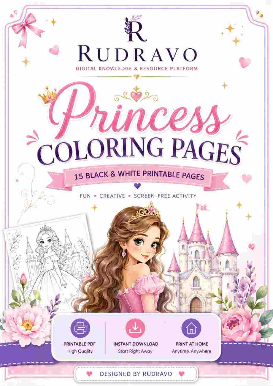 Princess Coloring Pages – 15 Black & White Printable PDF
