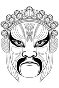 Black and white line art illustration of a traditional Chinese opera mask face with ornate headdress details.