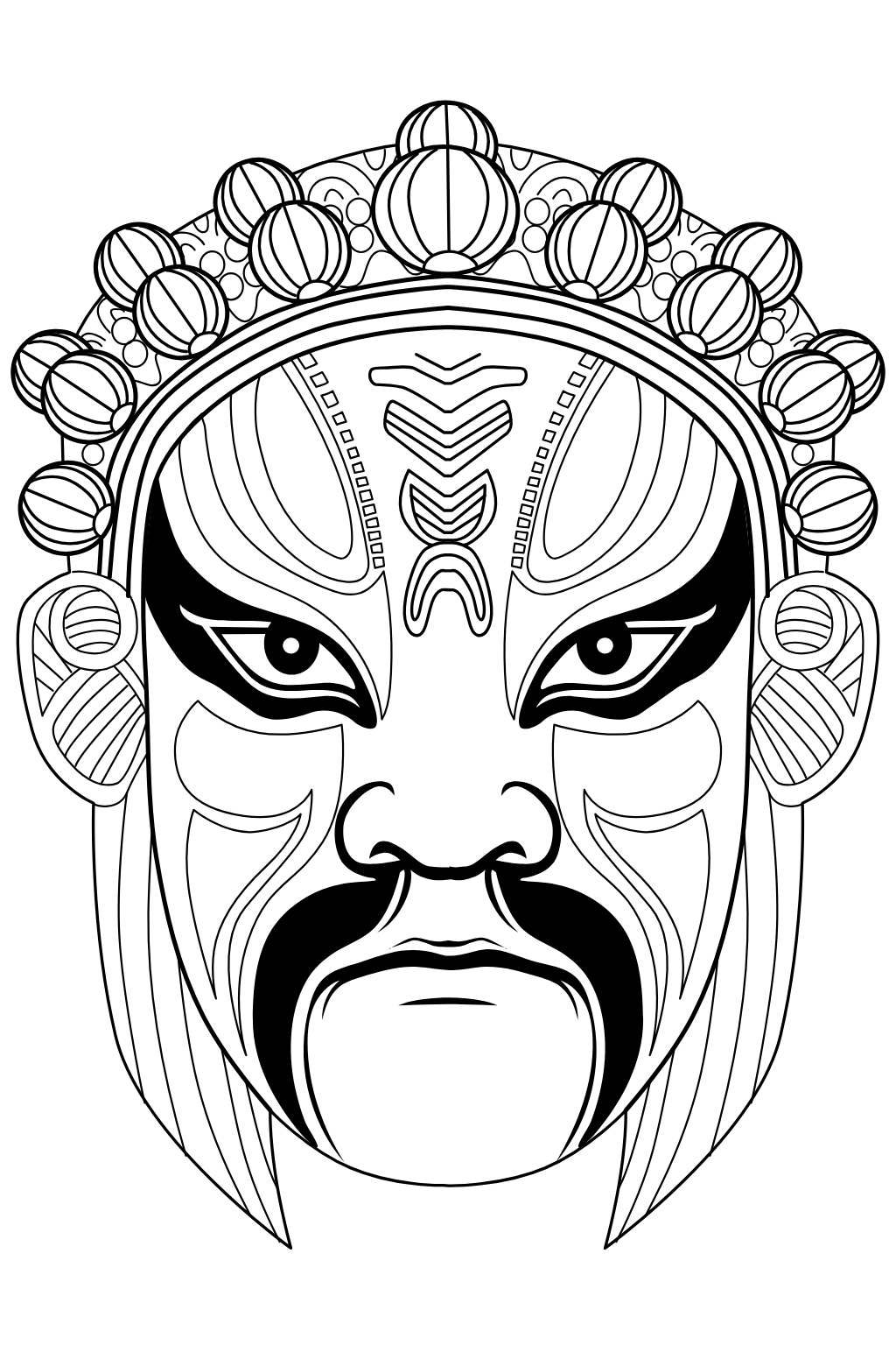 Black and white line art illustration of a traditional Chinese opera mask face with ornate headdress details.