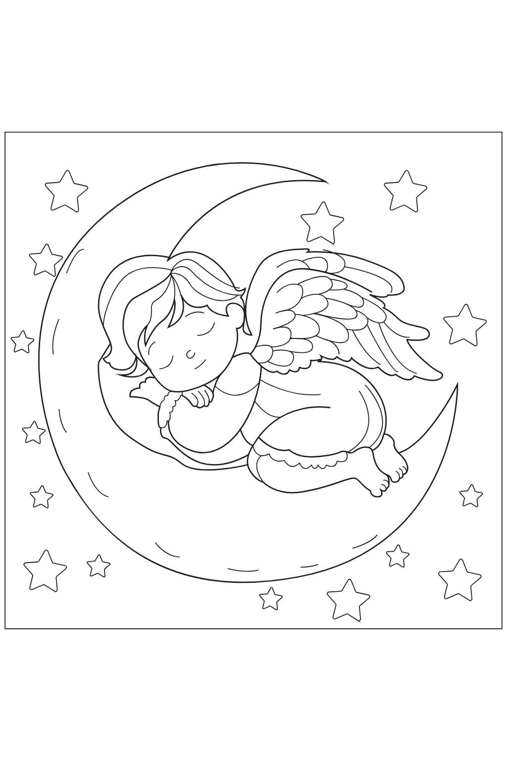 Sleeping Angel on Crescent Moon Coloring Page for Kids | Free Download. Black and white line art illustration of a sleeping angel with wings resting on a crescent moon, surrounded by stars, presented on a white background.