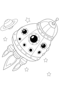 Space Rocket and Planets Coloring Page for Kids | Free Printable. Black and white line art illustration of a retro science fiction rocket ship flying diagonally, with a ringed planet and several stars in the outer space background.