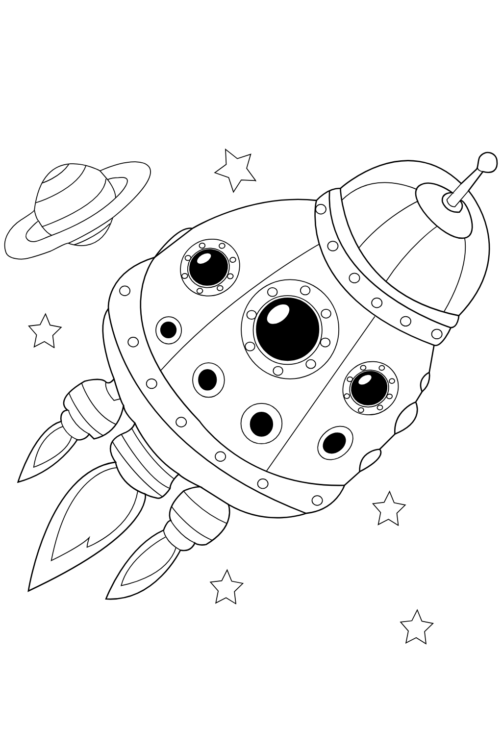 Space Rocket and Planets Coloring Page for Kids | Free Printable. Black and white line art illustration of a retro science fiction rocket ship flying diagonally, with a ringed planet and several stars in the outer space background.