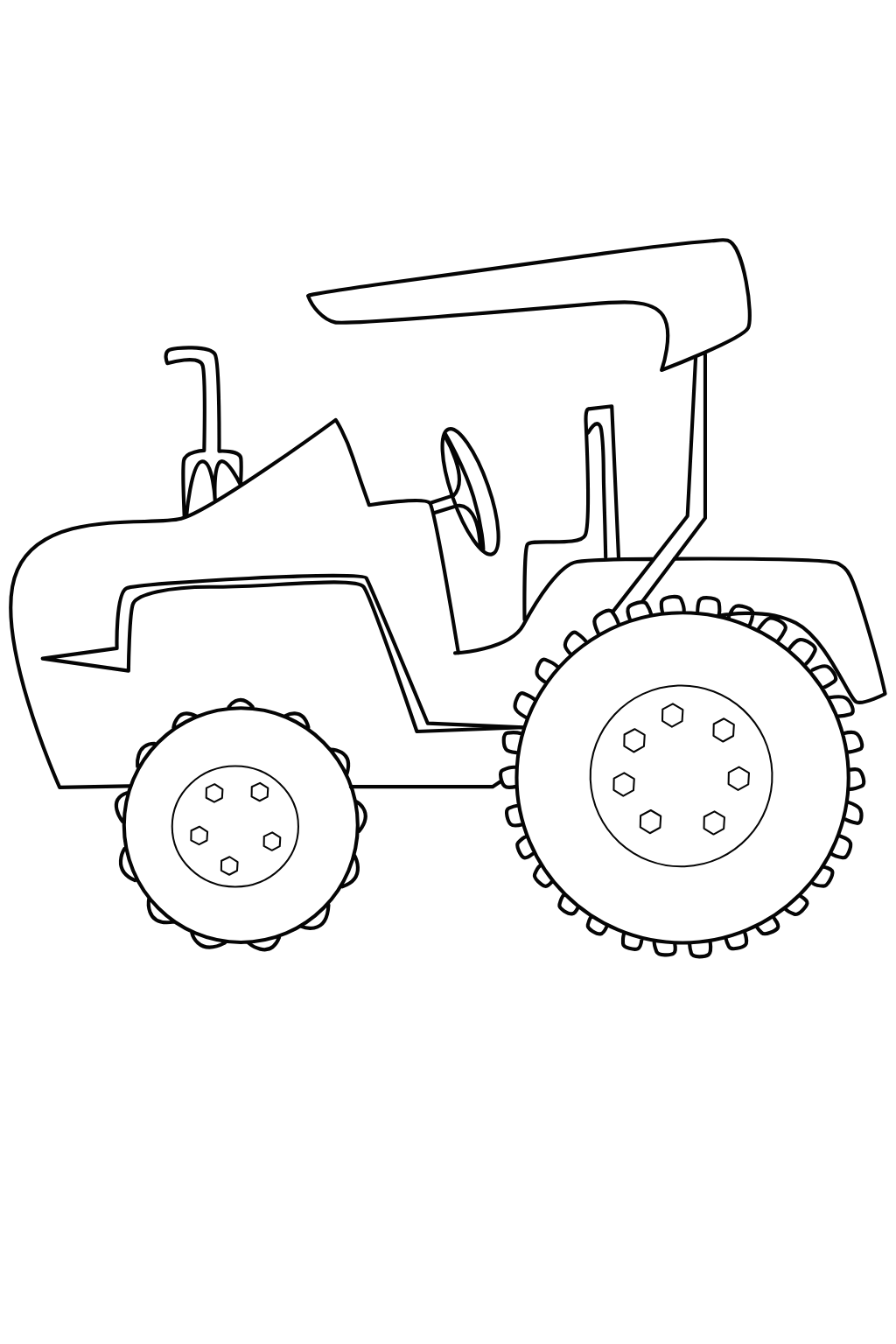 Black and white line art illustration of a tractor, shown from a side profile view on a solid white background.