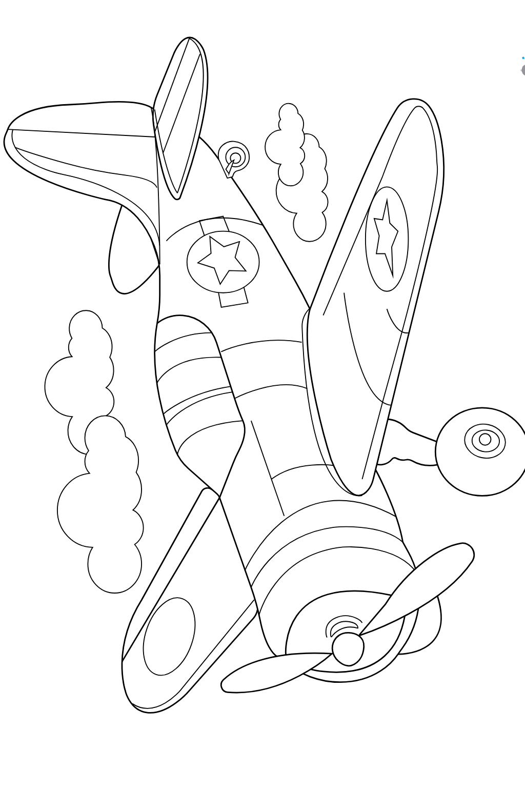 Vintage Propeller Airplane Coloring Page for Kids | Free Download. Black-and-white line-art illustration of a vintage propeller airplane with clouds around it, shown on a plain white background.