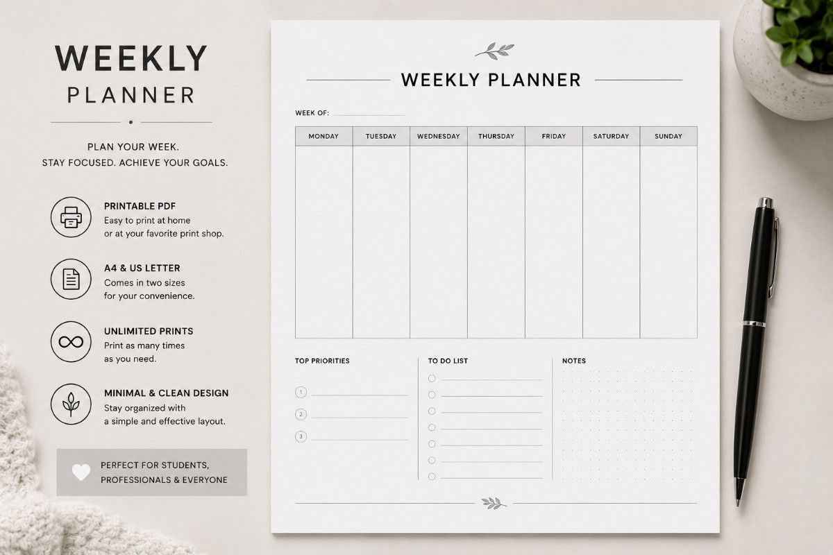 Minimal Weekly Planner Printable PDF | Undated Weekly Planning Sheet