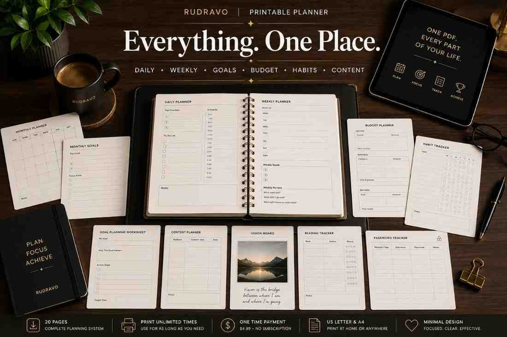A styled flat-lay of a printable planner set on a dark wooden desk, featuring an open black spiral-bound planner in the center with multiple matching printable sheets and a black planner cover around it. Large text at the top reads 'RUDRAVO | PRINTABLE PLANNER' and 'Everything.
