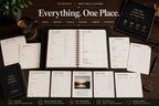 A styled flat-lay of a printable planner set on a dark wooden desk, featuring an open black spiral-bound planner in the center with multiple matching printable sheets and a black planner cover around it. Large text at the top reads 'RUDRAVO | PRINTABLE PLANNER' and 'Everything.