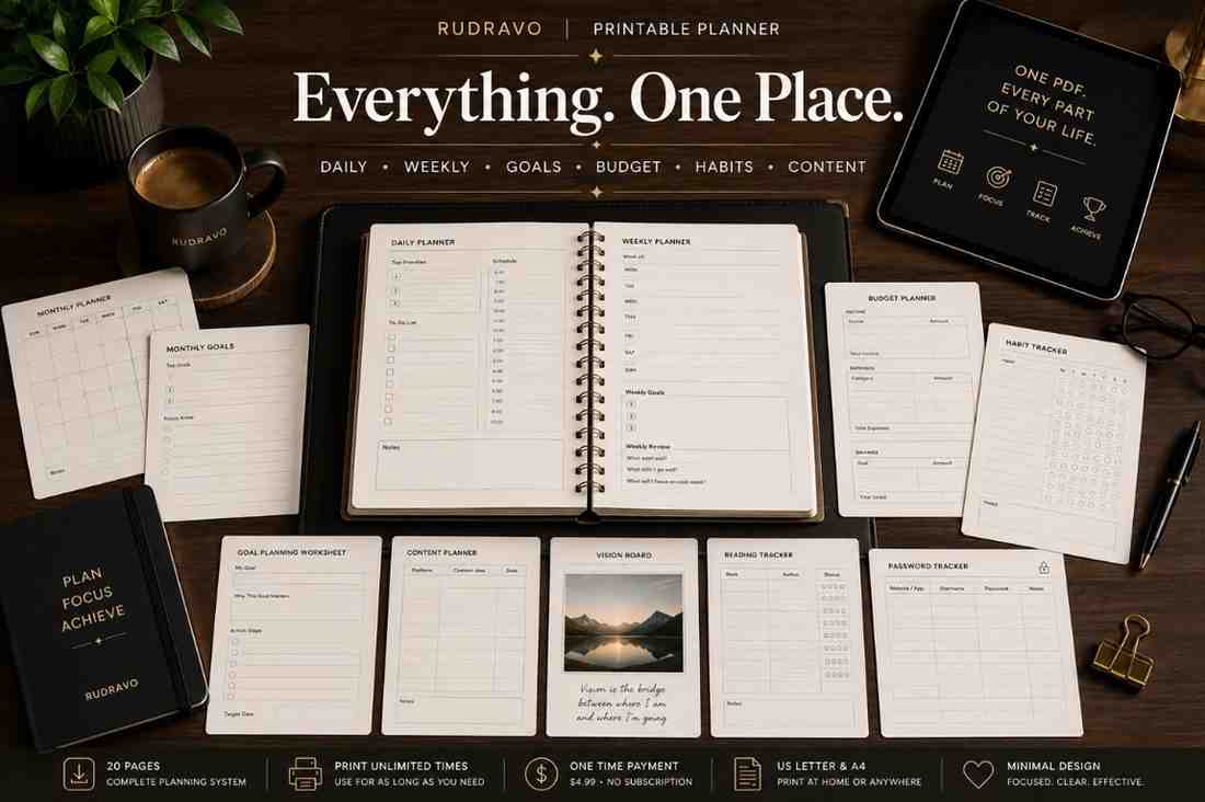 A styled flat-lay of a printable planner set on a dark wooden desk, featuring an open black spiral-bound planner in the center with multiple matching printable sheets and a black planner cover around it. Large text at the top reads 'RUDRAVO | PRINTABLE PLANNER' and 'Everything.