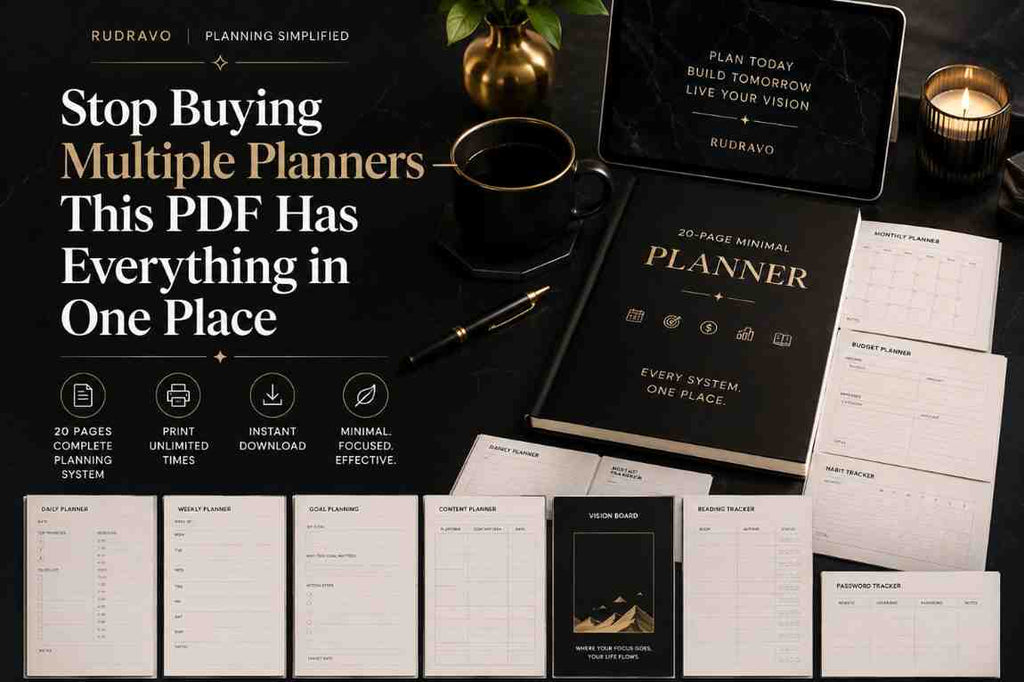 Promotional graphic for a digital planner bundle by Rudravo, showing multiple planner pages, a black planner cover, a laptop mockup, a pen, a candle, and marketing text on a dark tabletop background.