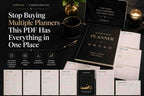 Promotional graphic for a digital planner bundle by Rudravo, showing multiple planner pages, a black planner cover, a laptop mockup, a pen, a candle, and marketing text on a dark tabletop background.