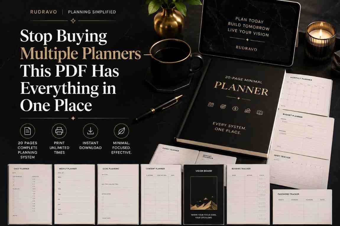 Promotional graphic for a digital planner bundle by Rudravo, showing multiple planner pages, a black planner cover, a laptop mockup, a pen, a candle, and marketing text on a dark tabletop background.